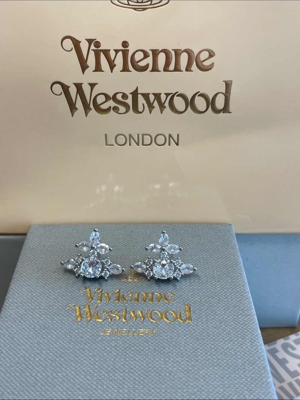 Vivienne Westwood Silver Crystal Floral Ear Climbers Crawler Earrings Y2K - Picture 2 of 4